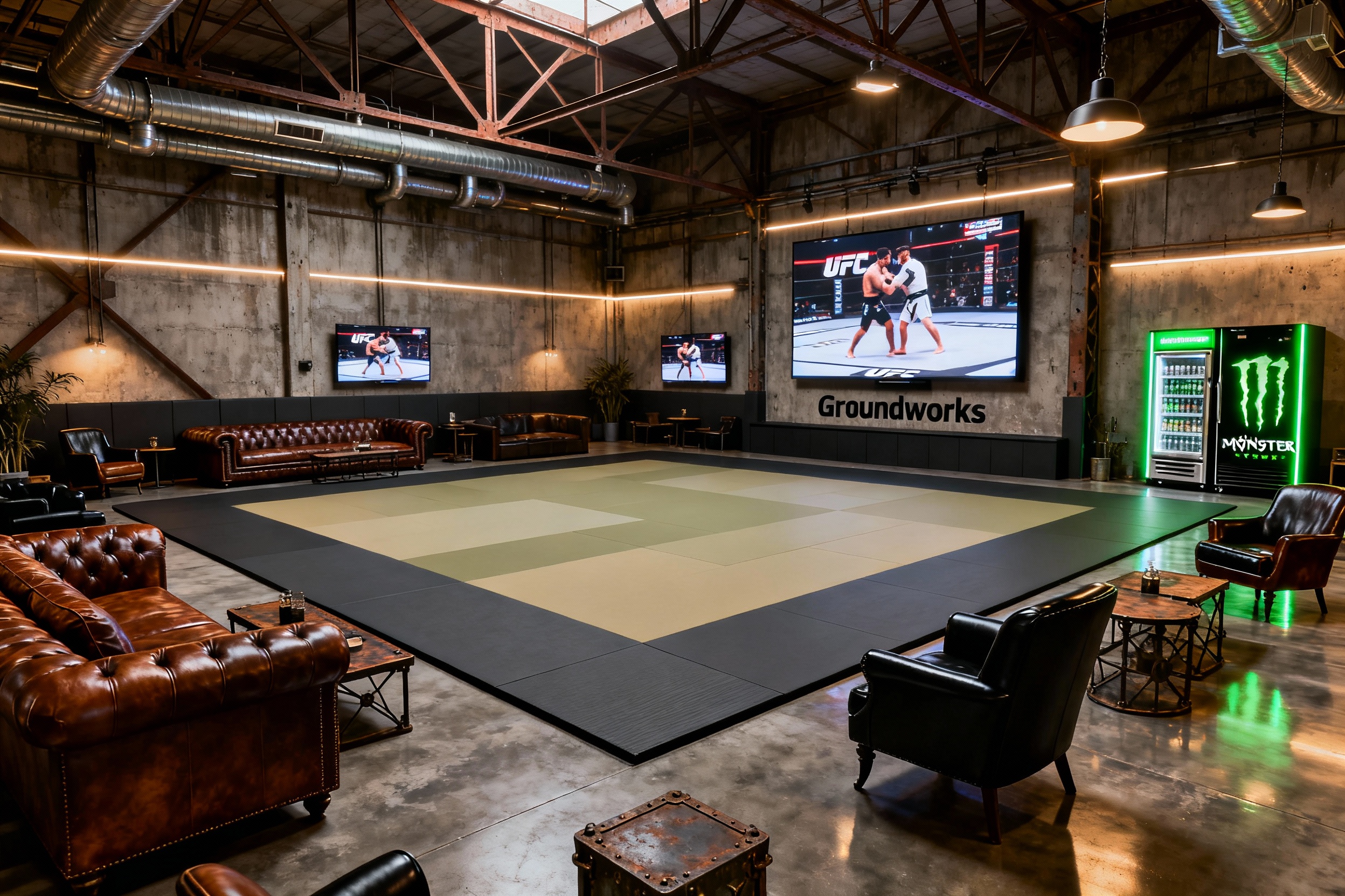 Main training mat surrounded by Chesterfield seating, with UFC fights playing on wall-mounted screens
