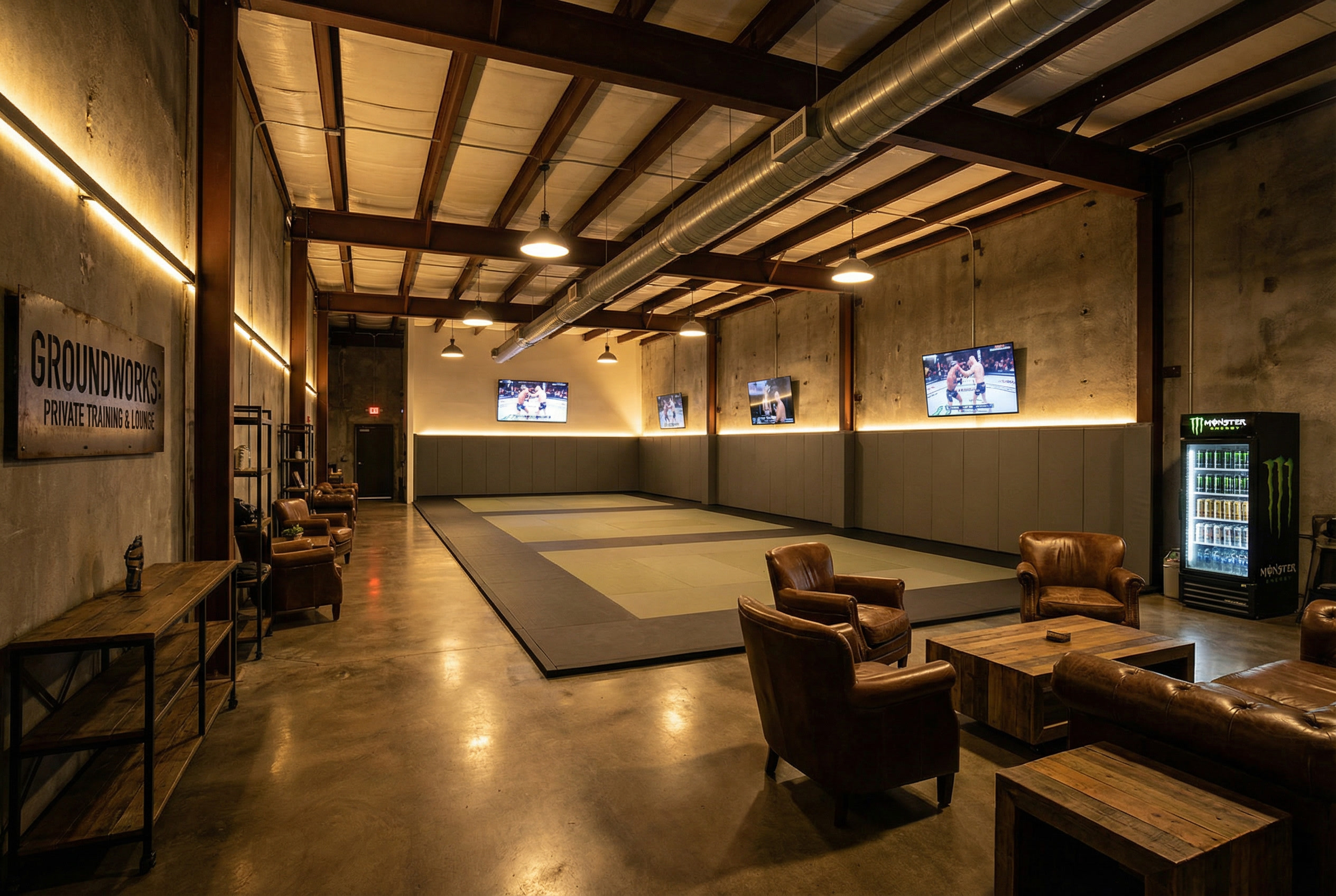 Lounge view toward the mat with brown leather armchairs and pendant lighting